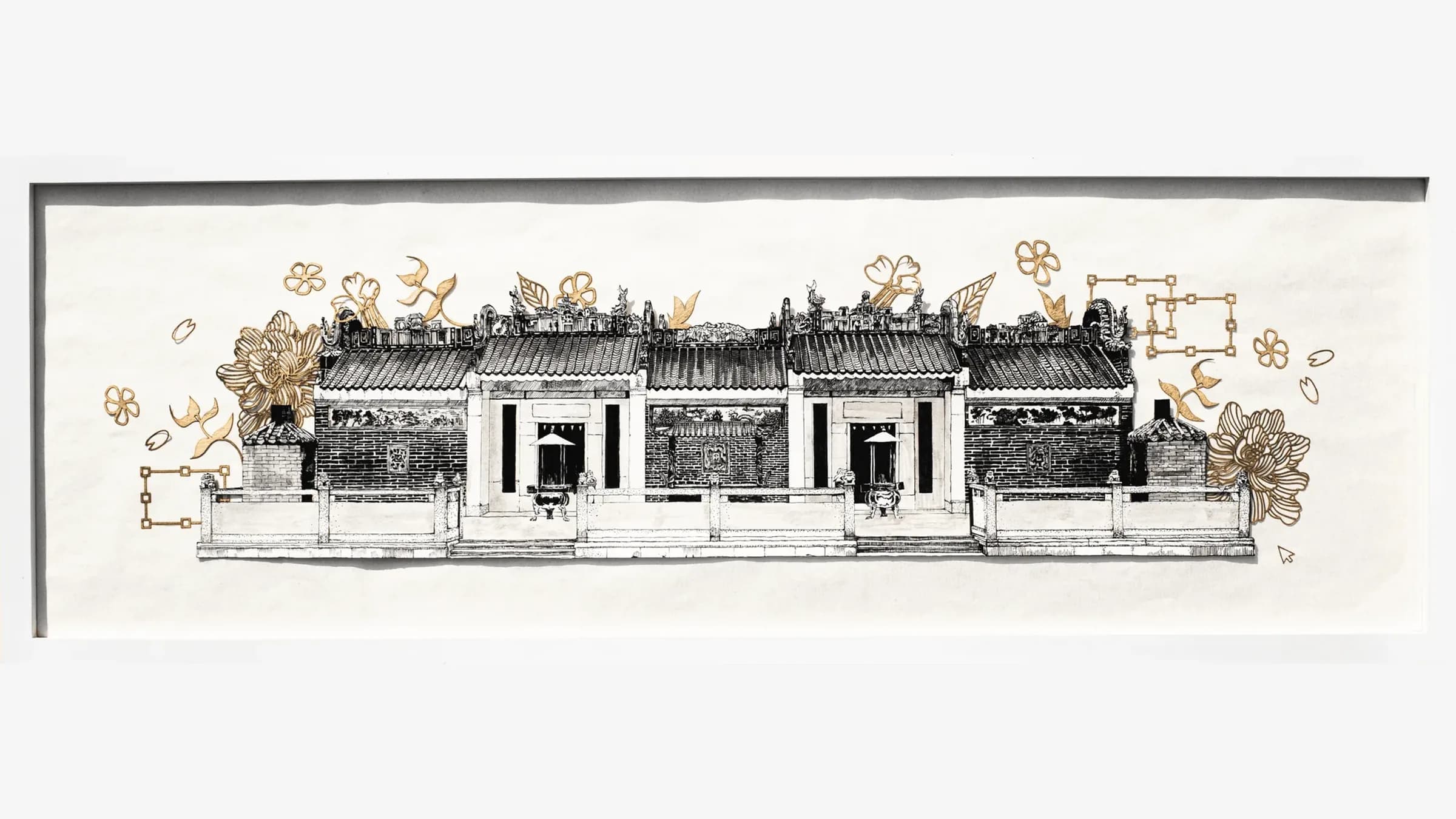 回紋 Epiphany, February 2025, ink on card, 90 × 30 cm: a framed ink drawing of an ancestral hall with gold papercut peonies