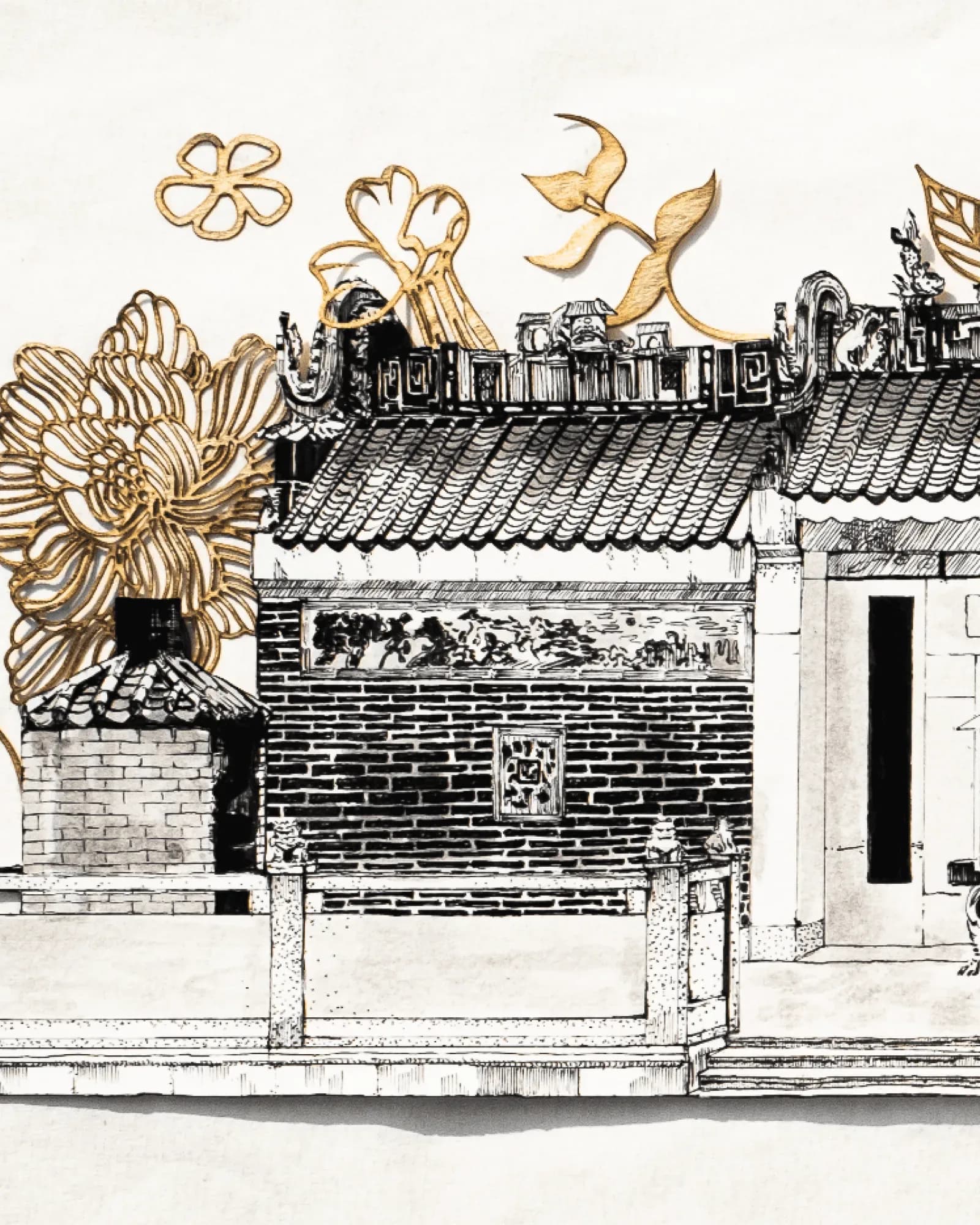 回紋 Epiphany in detail: the tiled roof and brick walls of the hall in ink, gold peonies above