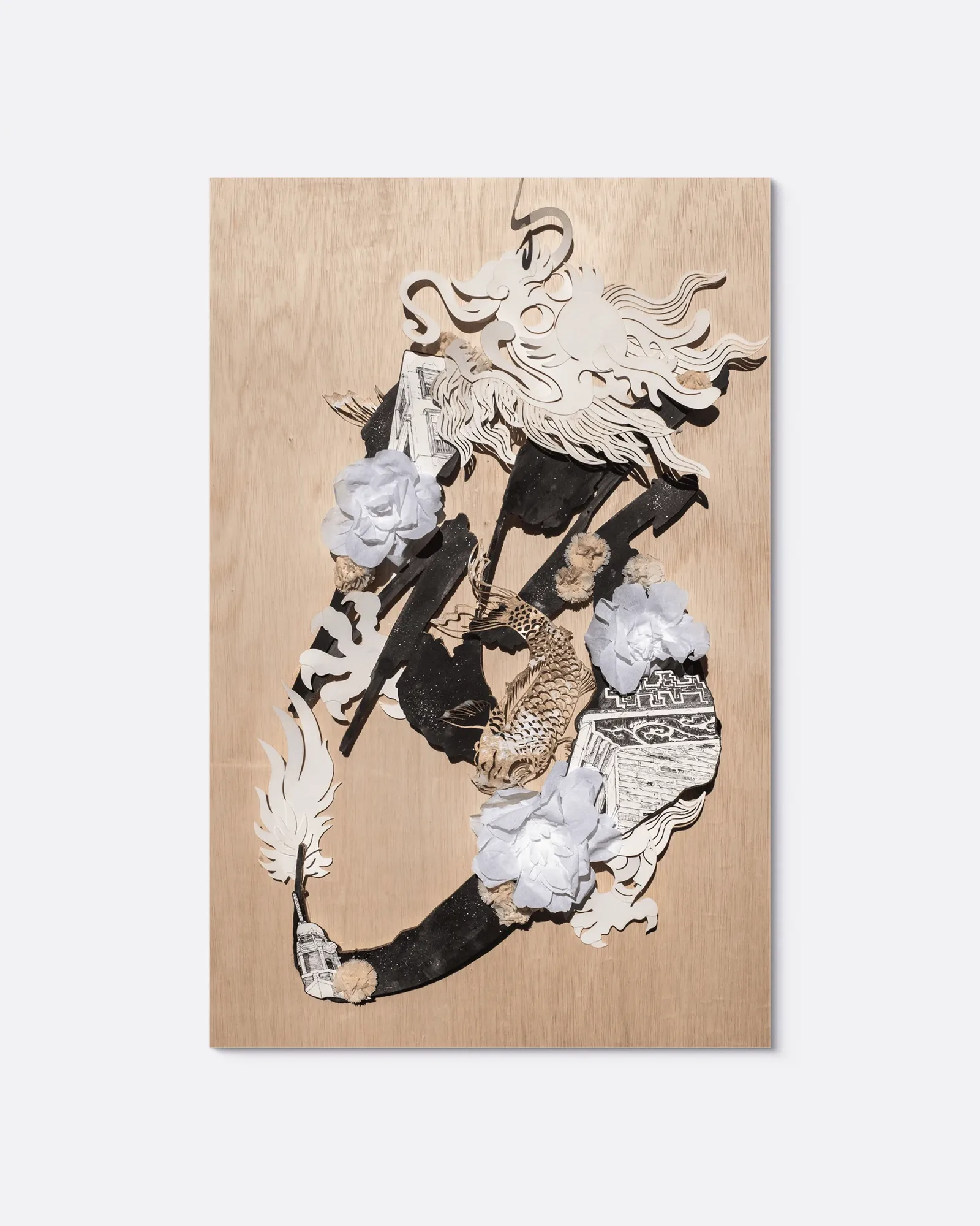 行 Introspection, May 2024, ink on card, balsa and crepe paper, 57 × 90 cm: papercut dragon and koi coiled on a wooden board