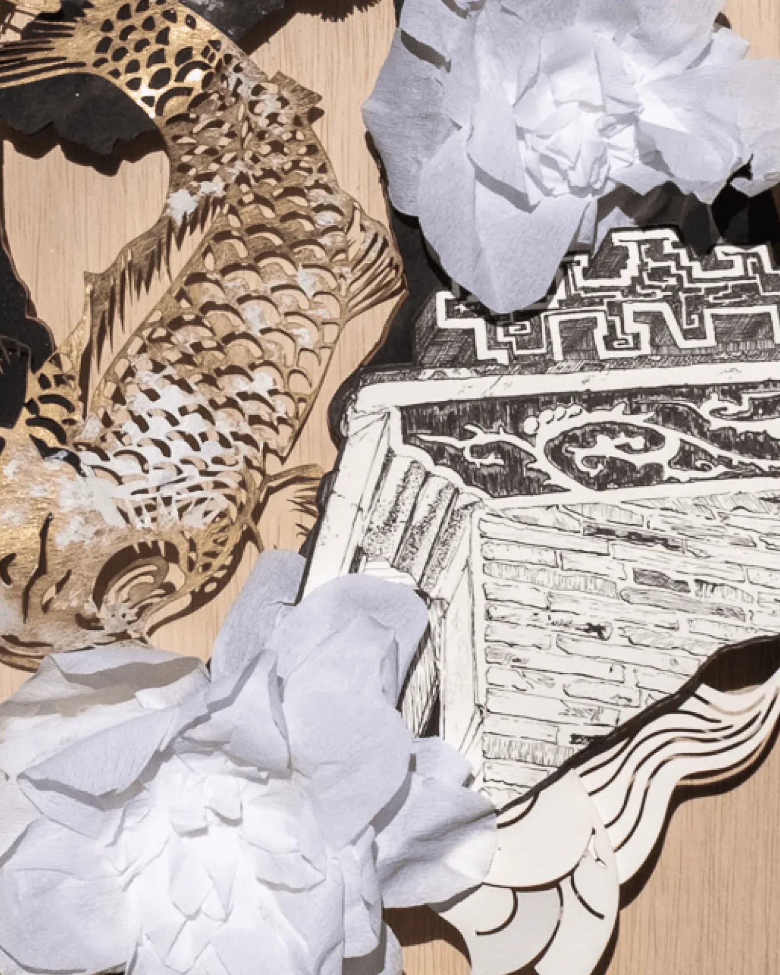 行 Introspection in detail: papercut koi scales, a roofline and white crepe paper blooms