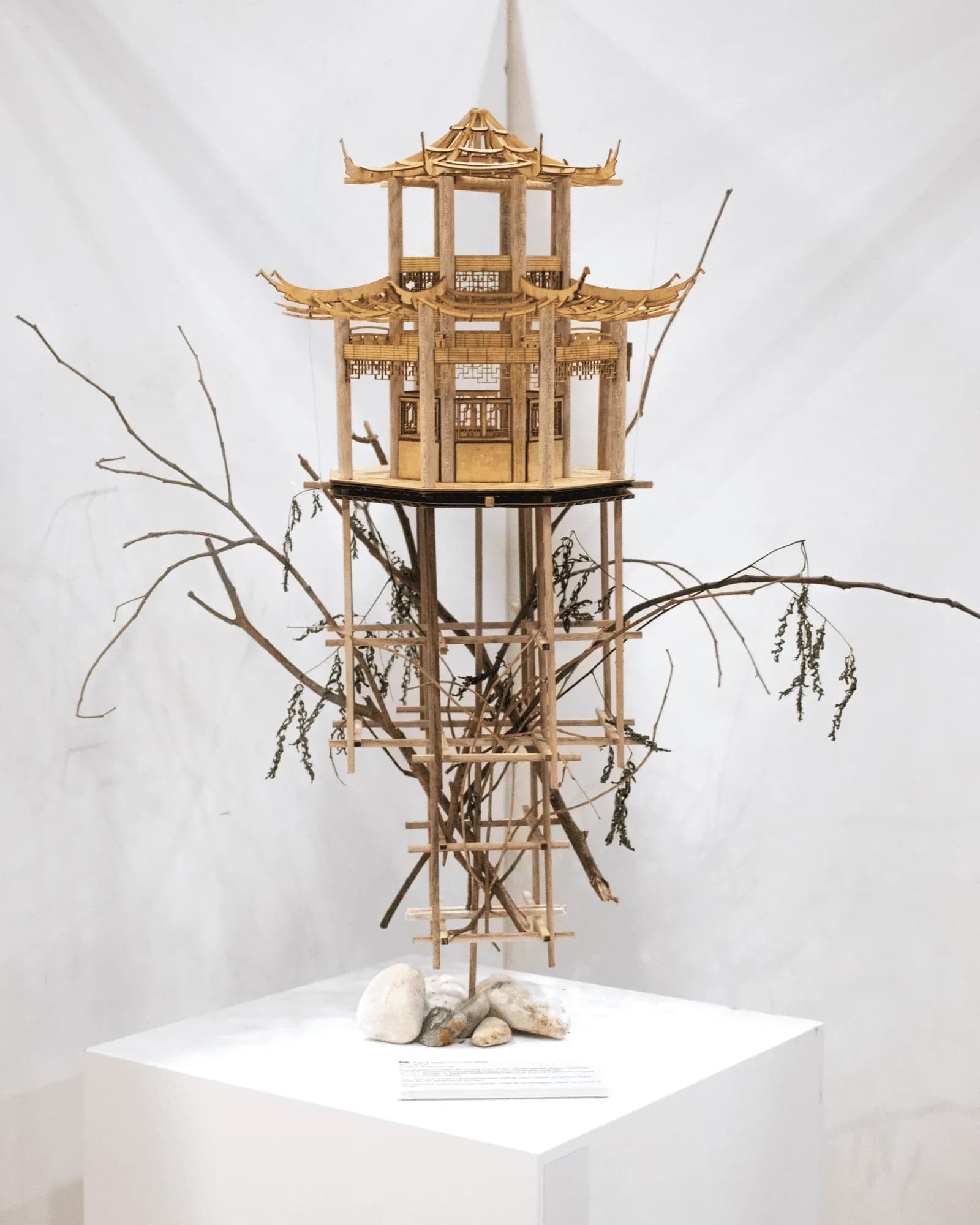 對影 Paired Shadows, August 2024, balsa wood, 26 × 26 × 65 cm: a pavilion on stilts with bare branches, on a white plinth