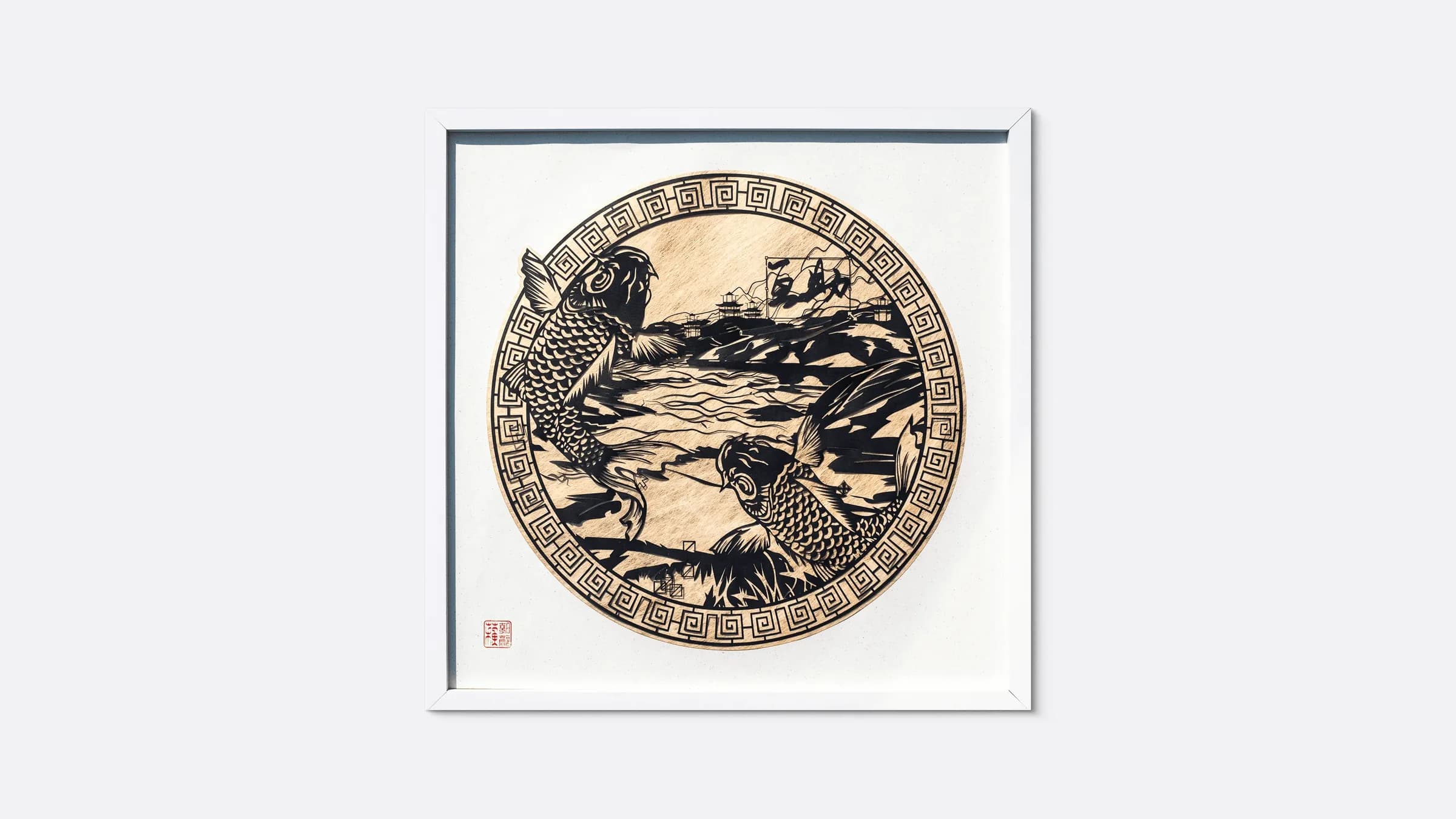互助 Reciprocity (black), February 2025, textured paper, 50 × 50 cm: two koi in a circular fret border, framed