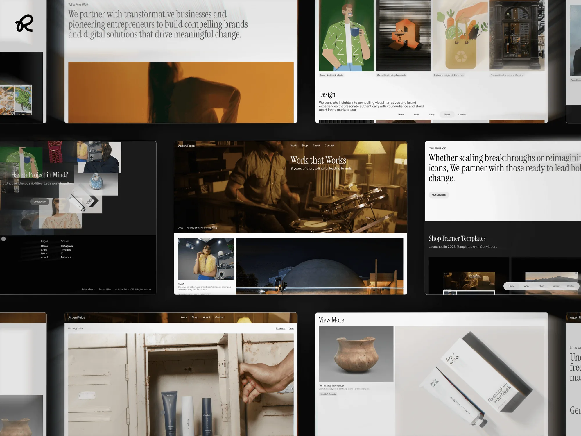 A tilted grid of Fields template pages on black