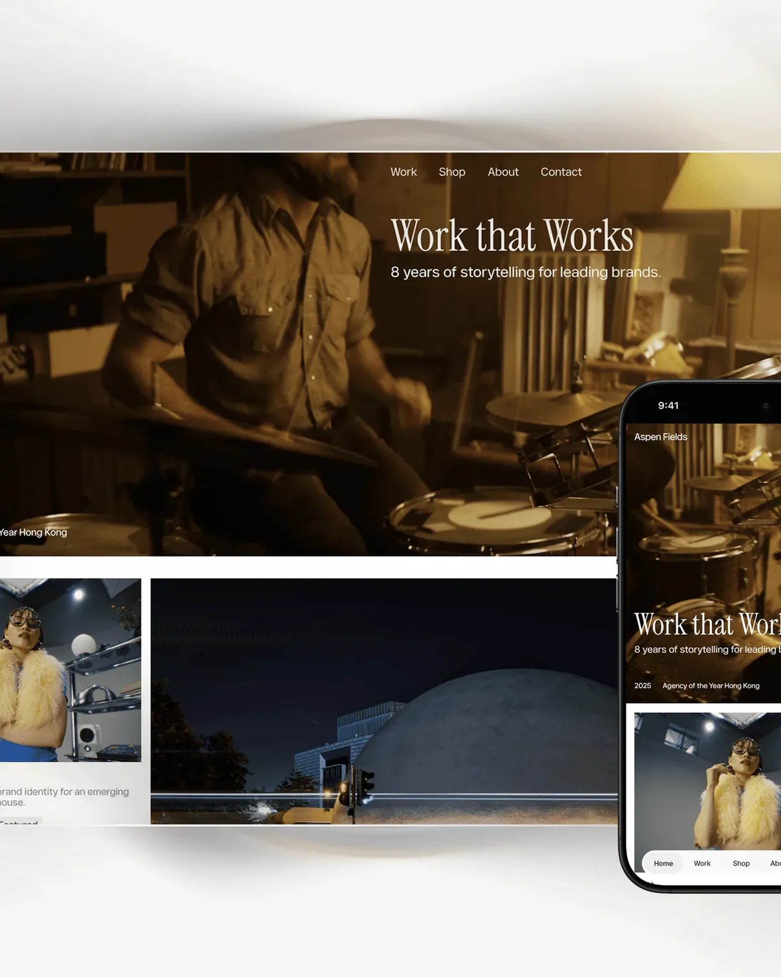 The Fields homepage on desktop and phone: Work that Works over the drummer film, and a Flux+ project card below