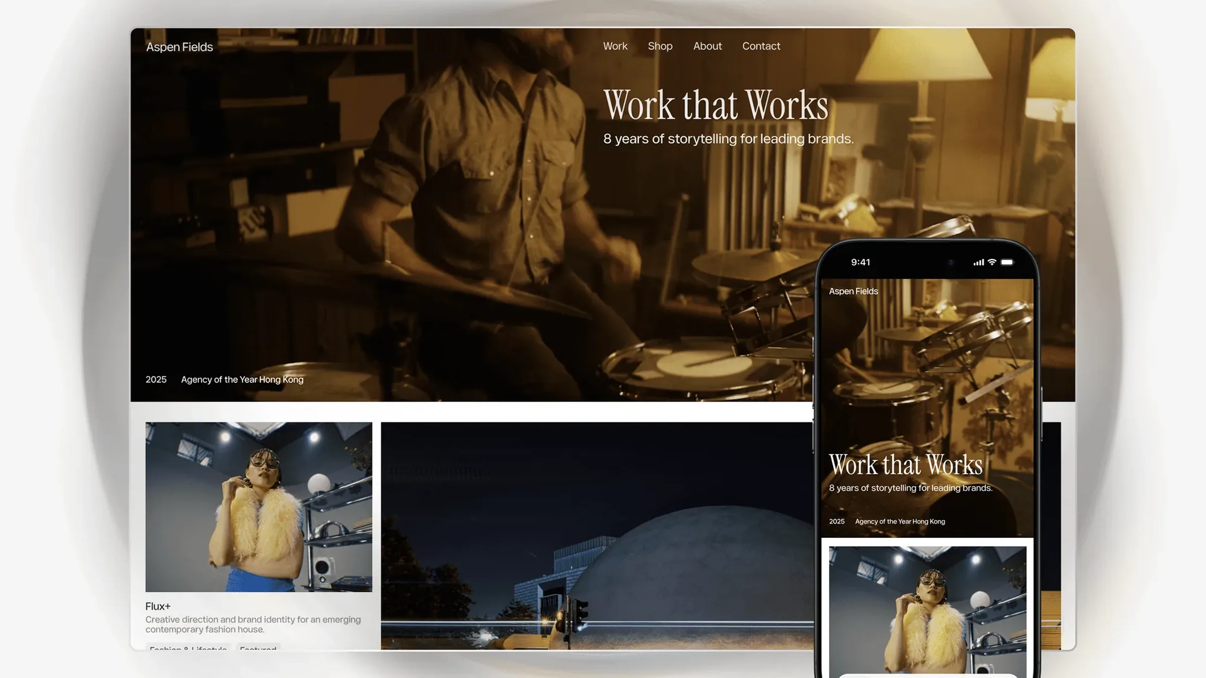 The Fields homepage on desktop and phone: Work that Works over the drummer film, and a Flux+ project card below