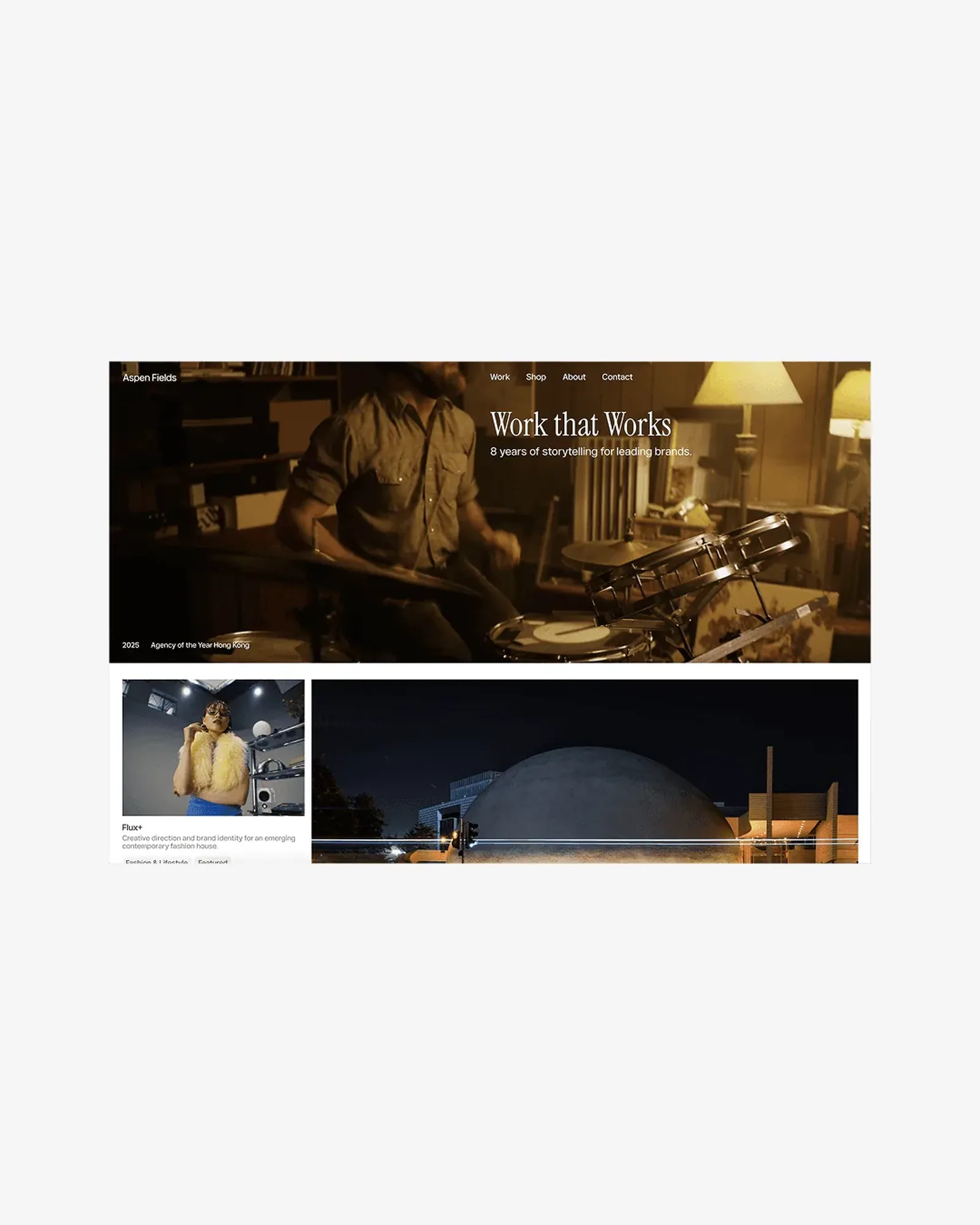 The Fields homepage hero and first row of projects, flat on light grey