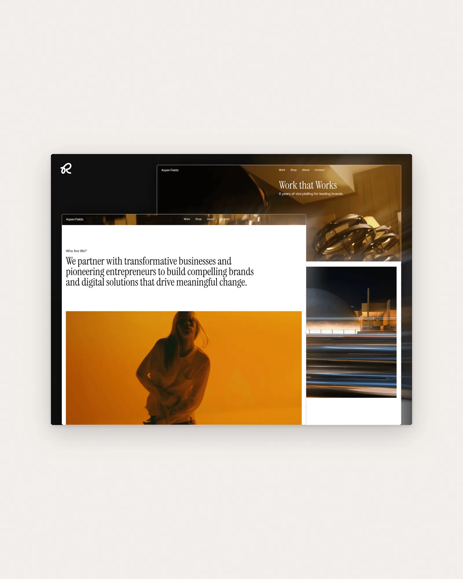 The Who Are We? page, "We partner with transformative businesses", over an amber photo of a dancer, on paper