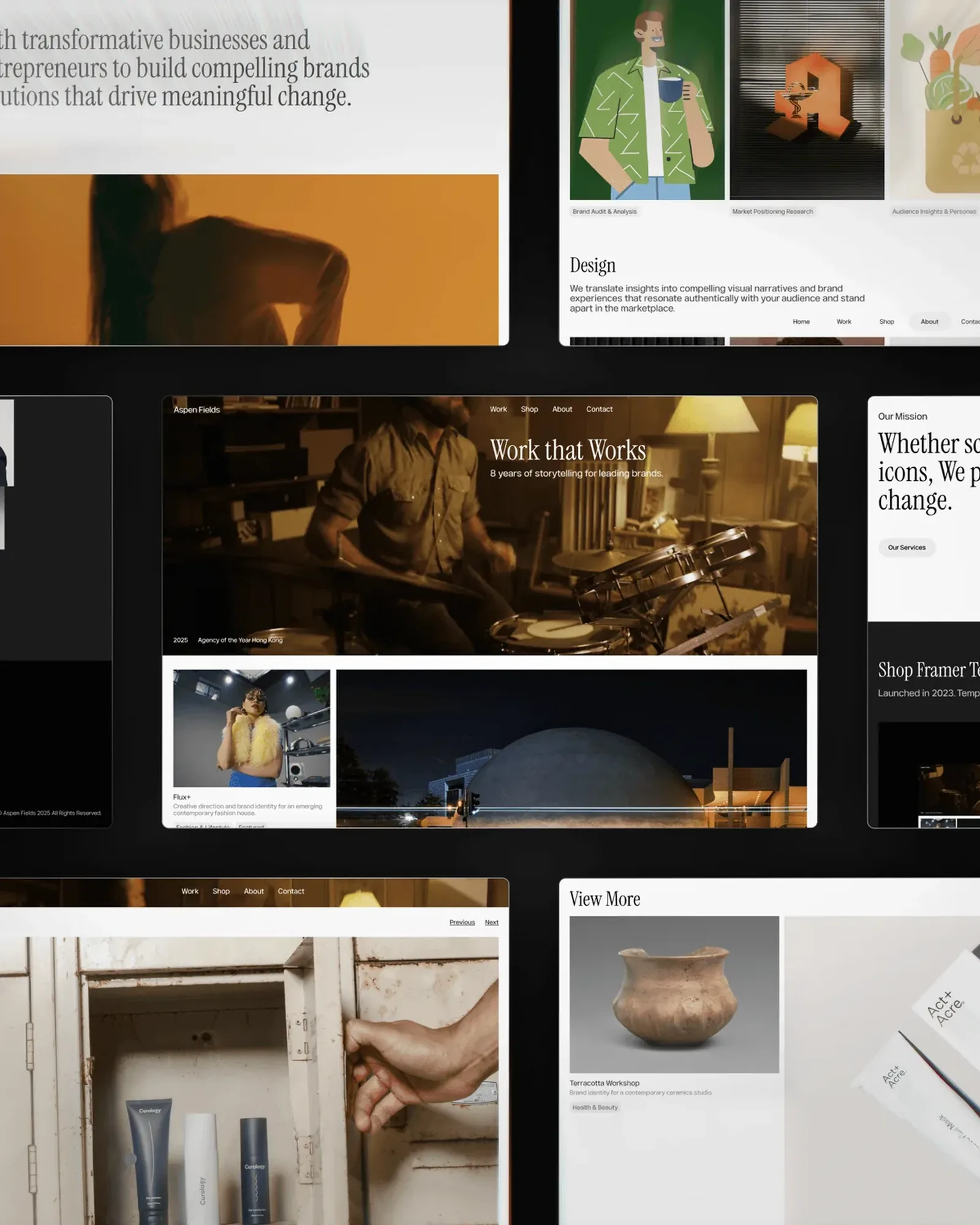 A tilted grid of Fields pages on black: Who Are We?, services, the hero, Our Mission, and the Curology and Act+Acre projects
