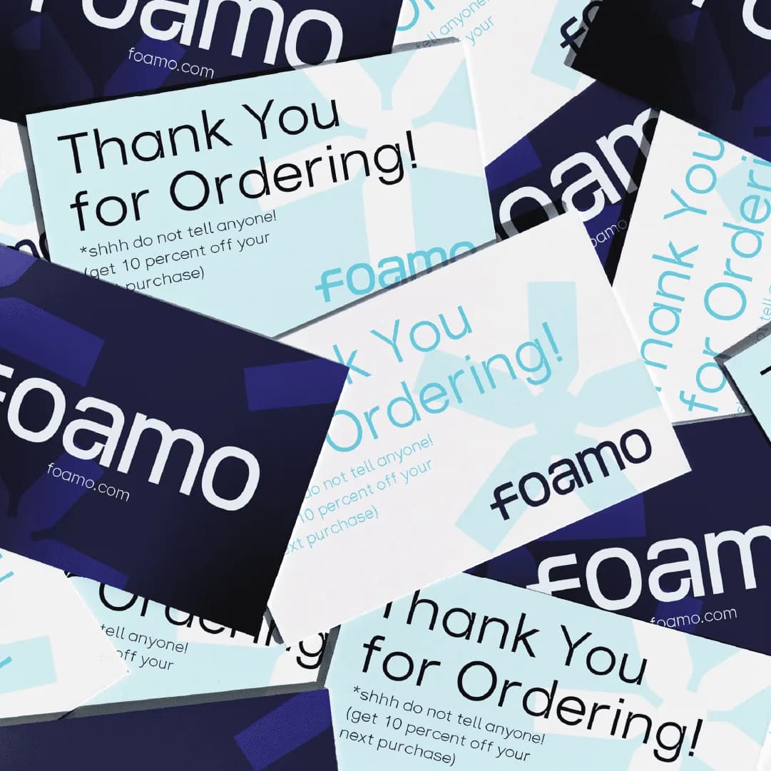 Navy and pale-cyan Foamo cards: foamo.com business cards and Thank You for Ordering! inserts