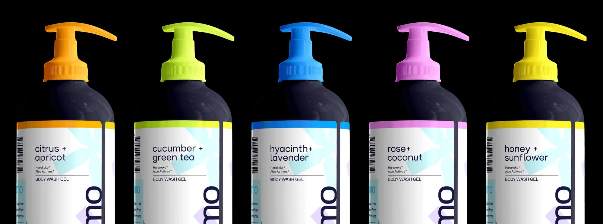 All five Foamo scents in a line on paper, cropped at the label