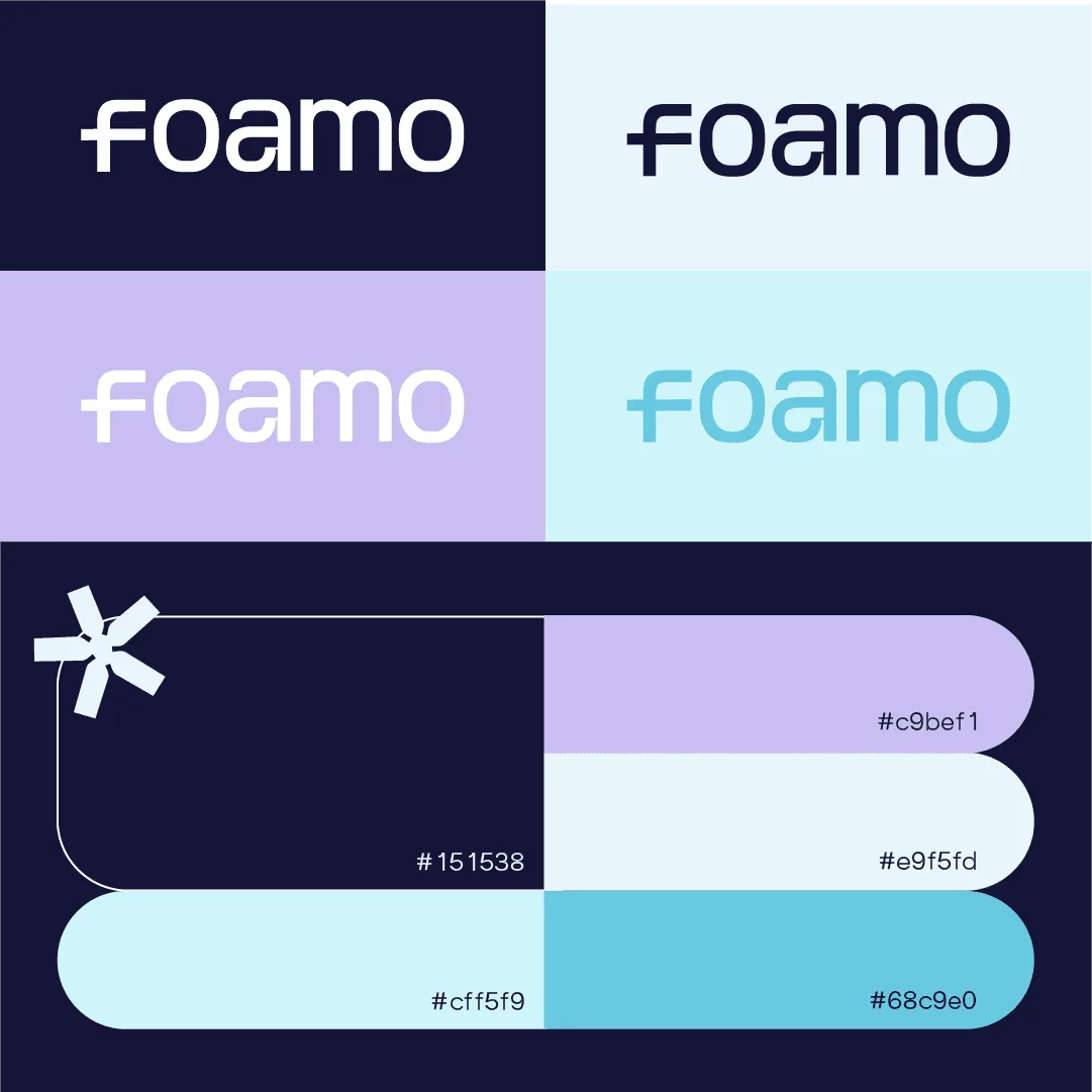 The foamo wordmark in four colourways above its palette of navy, lilac, pale blue, aqua and cyan, on paper