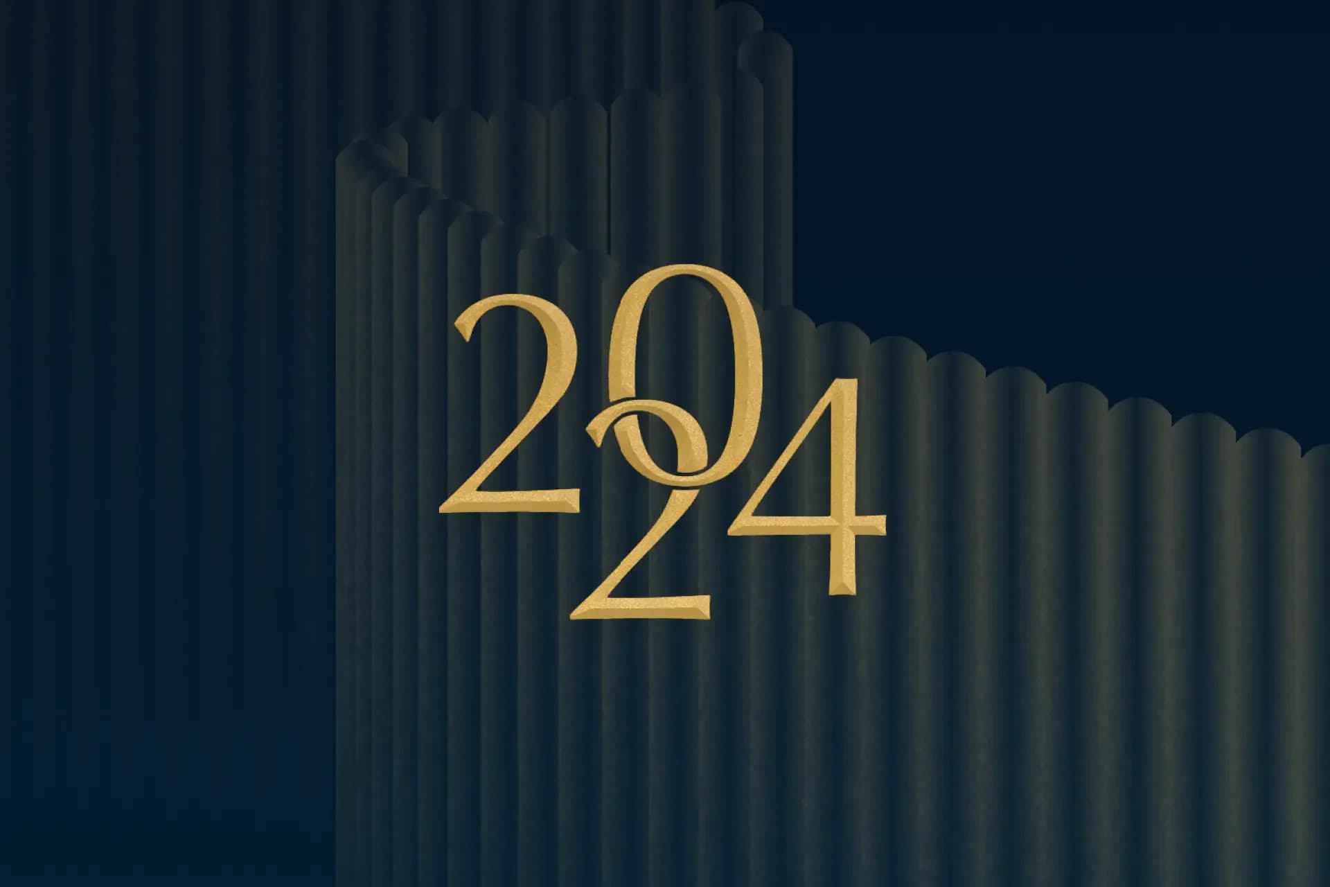 The embossed gold 2024 monogram over navy fluted columns