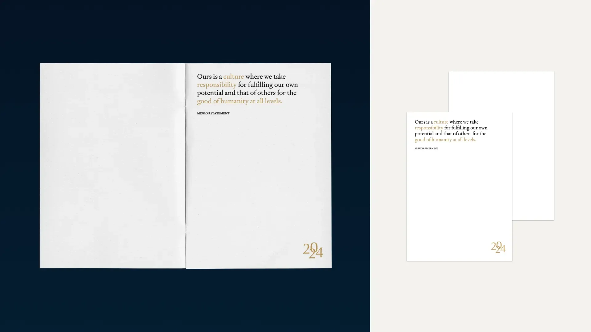 Inside pages with the mission statement, "Ours is a culture where we take responsibility", in black and gold serif