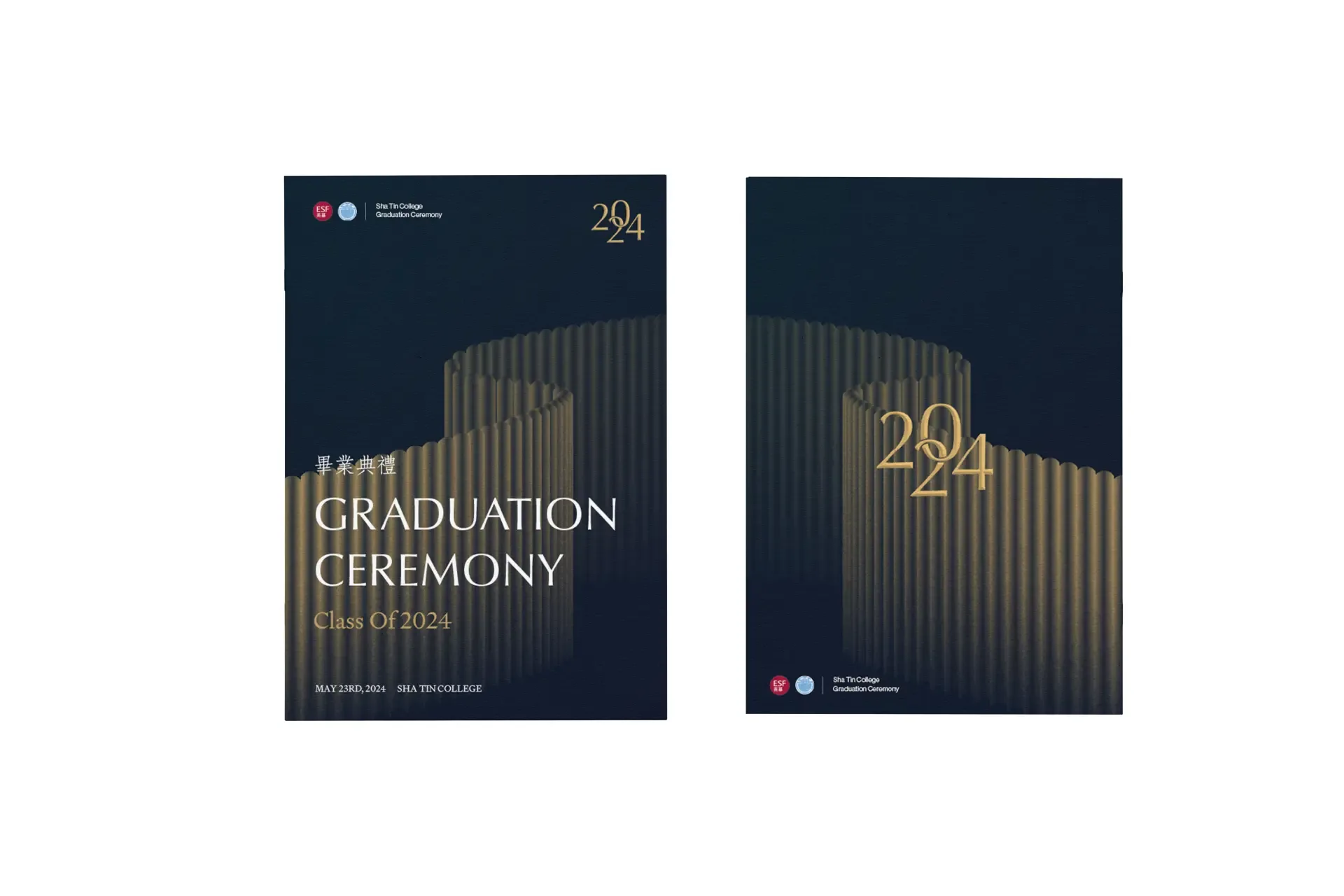 The programme's front and back covers on paper: a navy and gold fluted drape with the 2024 monogram and the ESF and Sha Tin College logos