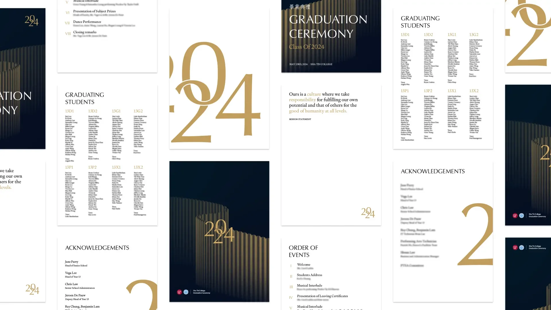 Programme pages tiled: the cover, graduating students by class from 13D1 to 13X2, order of events, acknowledgements and the mission statement