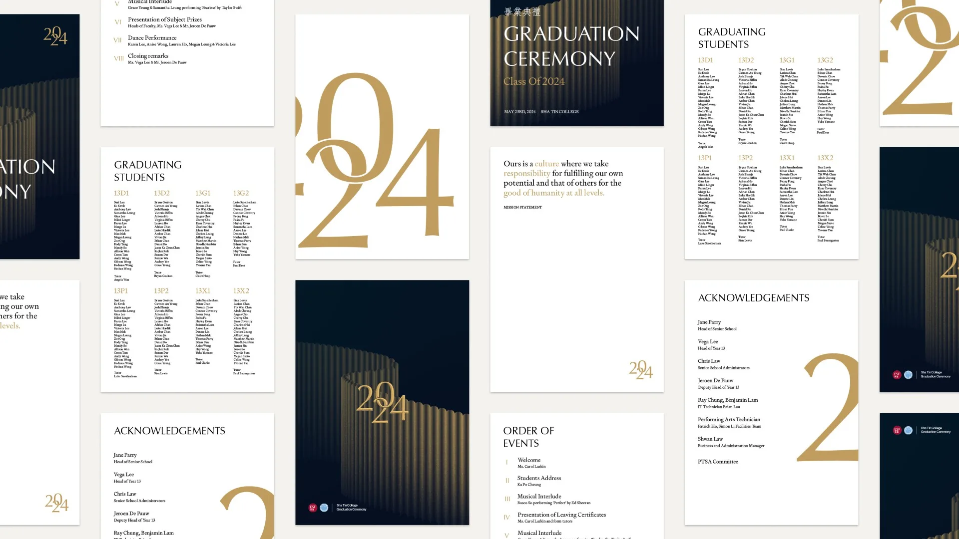 Tiled pages from the navy and gold Class of 2024 programme: the cover, graduating students, acknowledgements and order of events