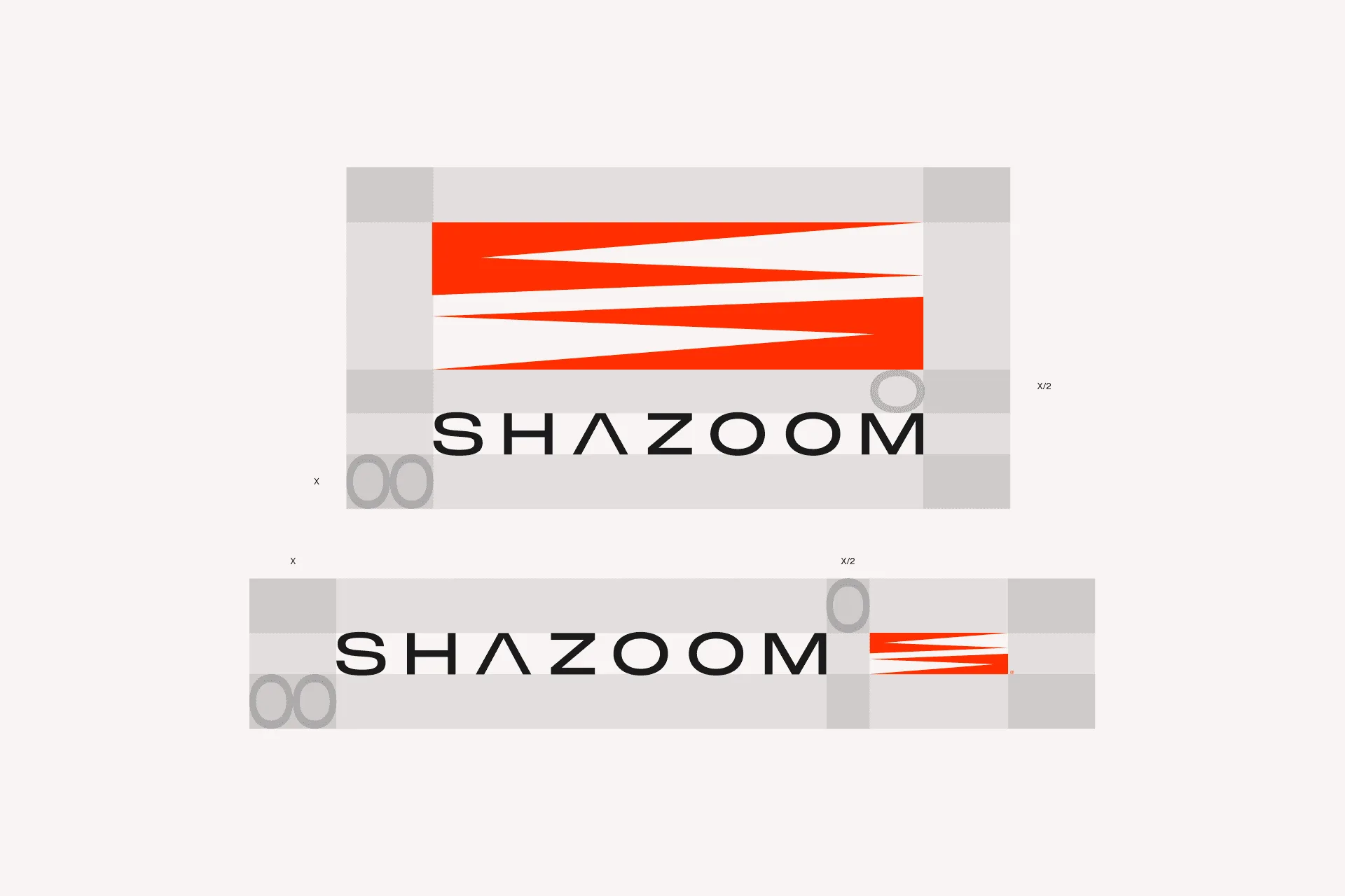 Stacked and horizontal Shazoom lockups on off-white clear-space grids