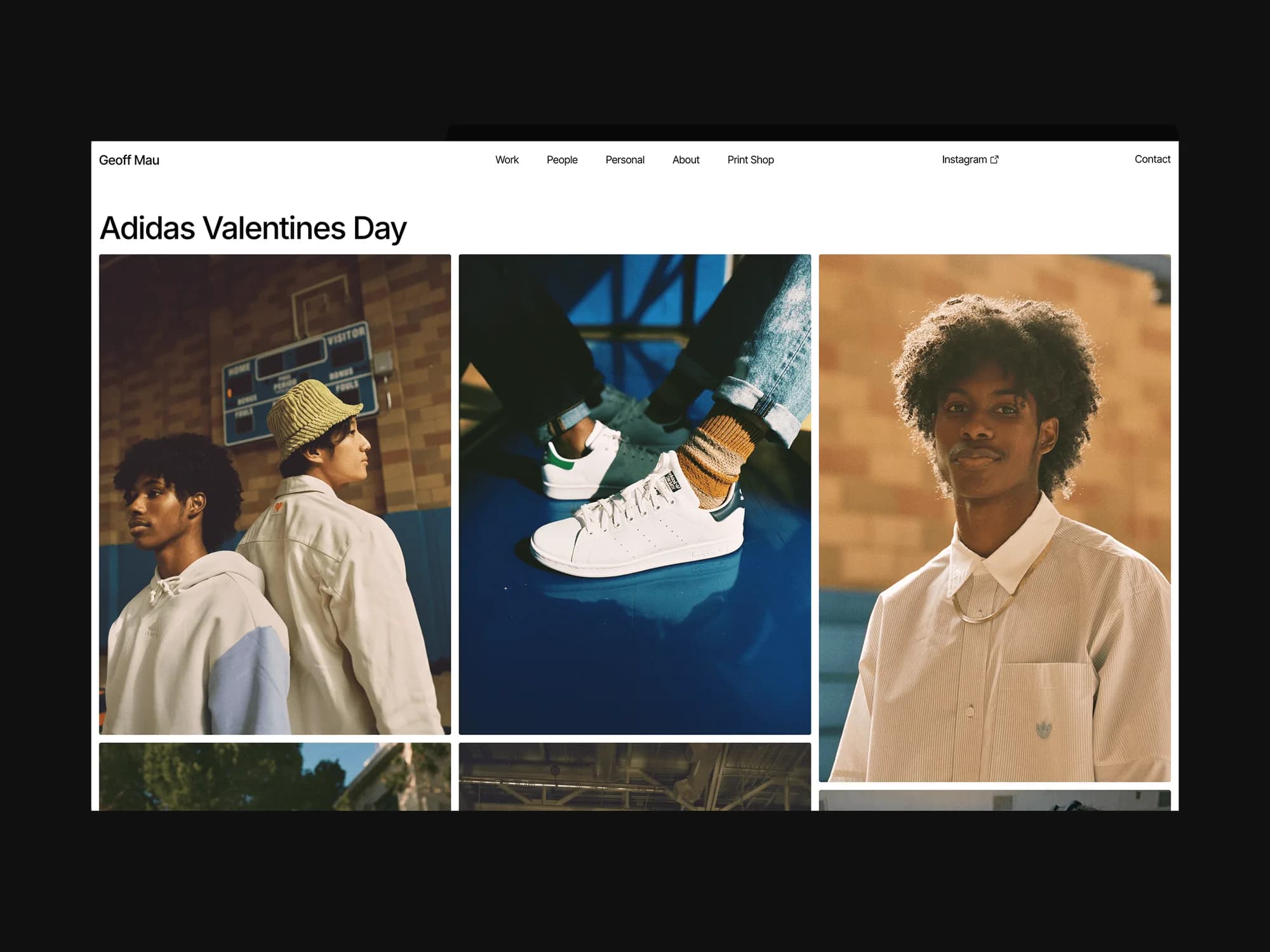 Geoff Mau's Adidas Valentines Day project page: film photos of two young men in cream and white Stan Smiths