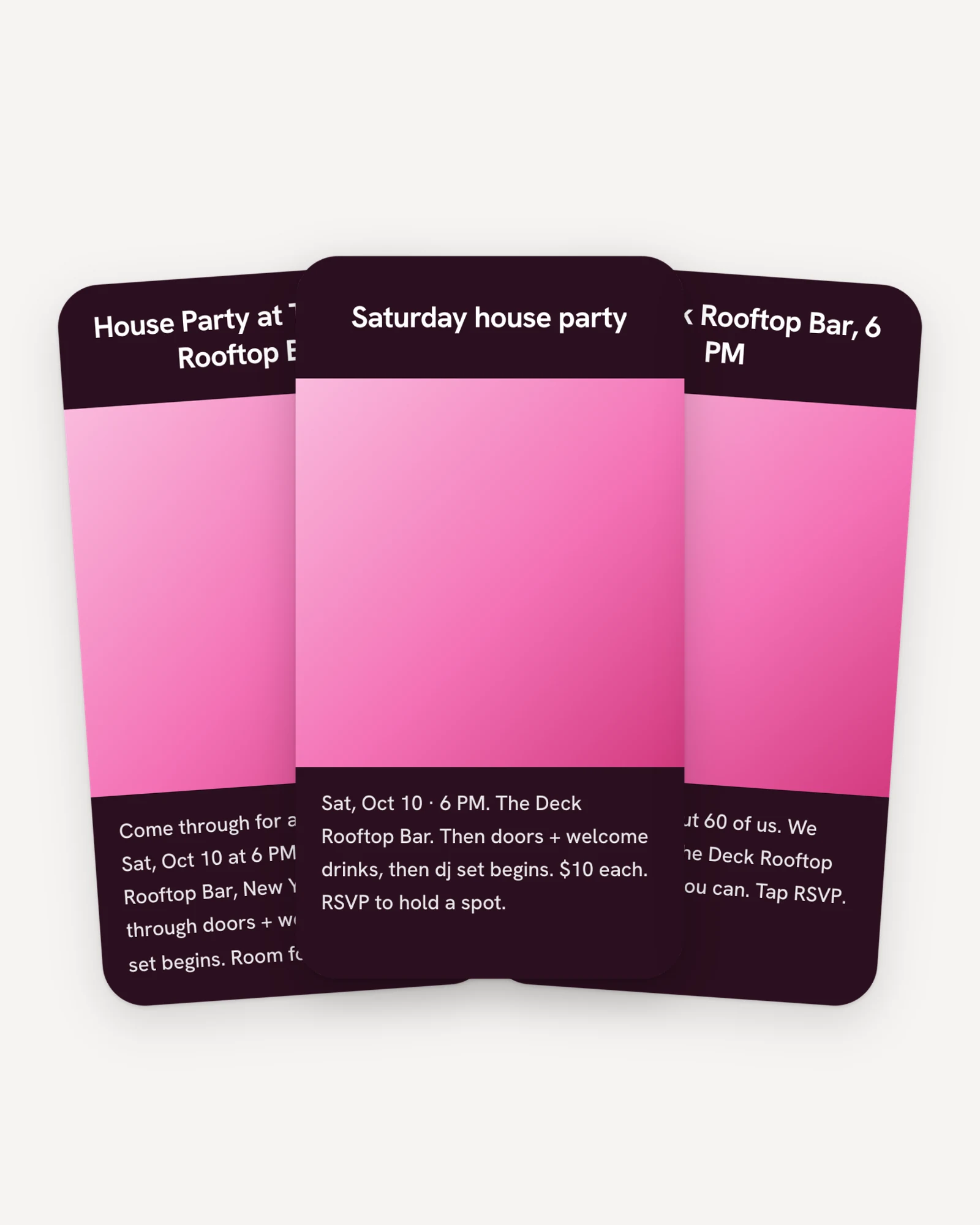 Three drafted invitations for a Saturday house party fanned on paper, the middle one in front