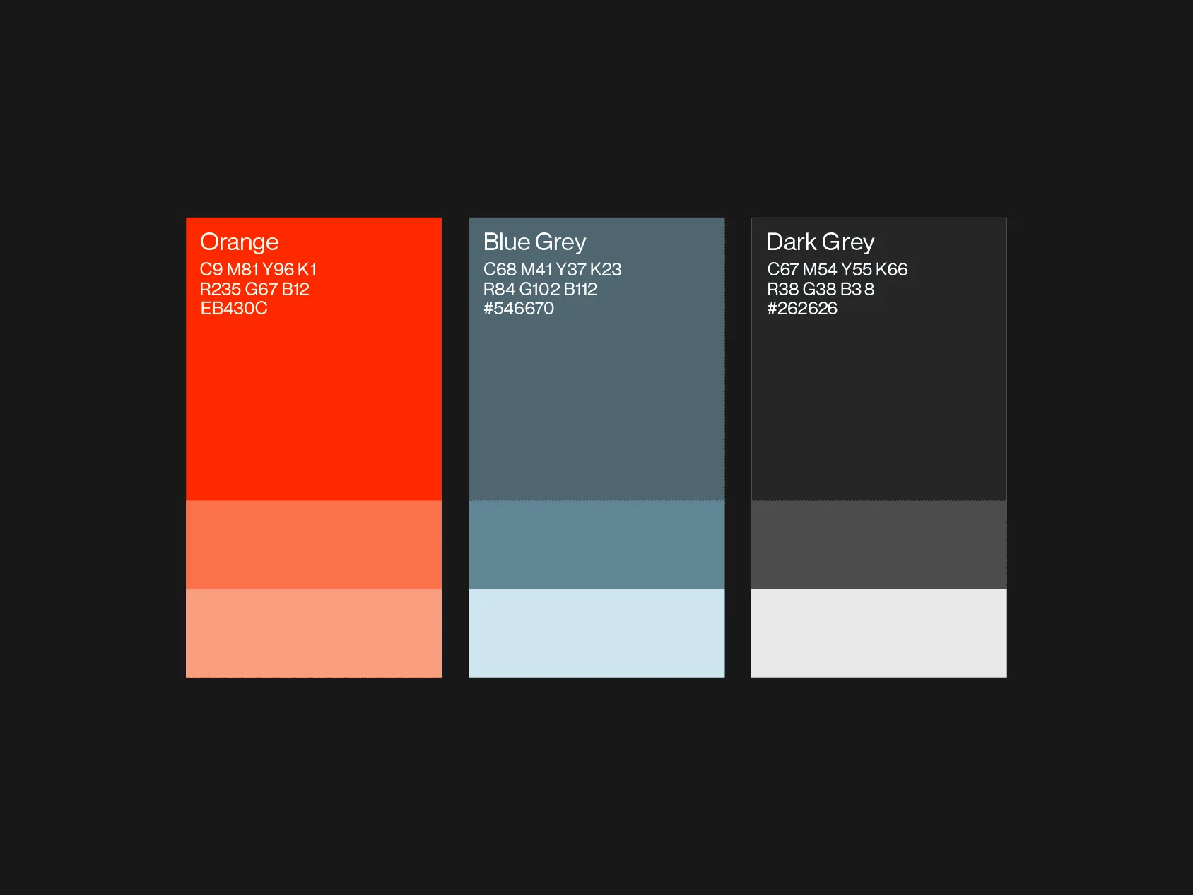 Three Morph colour cards on charcoal, on paper: Orange #EB430C, Blue Grey #546670 and Dark Grey #262626, with tints