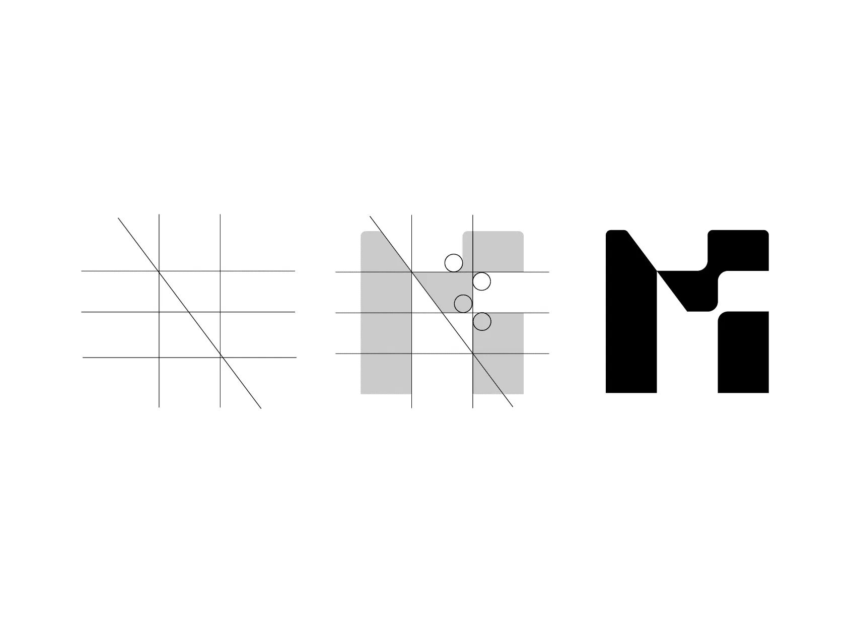 The Morph M built in three steps on paper: a grid with a diagonal, grey blocks with circle radii, and the final black mark