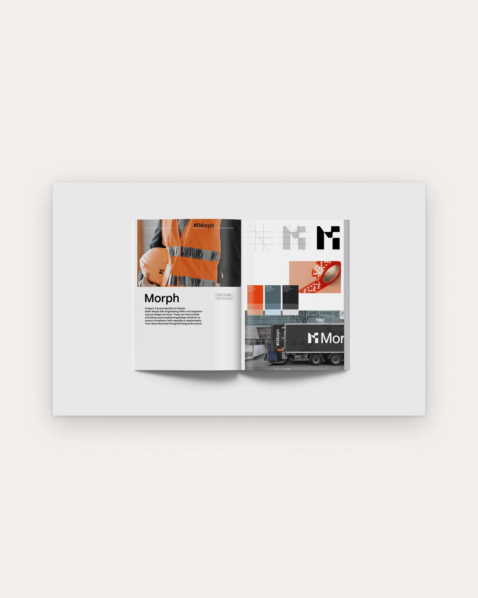 The Morph identity as a book spread: a hi-vis vest and the brief on the left, the mark's construction, palette, packing tape and a branded truck on the right