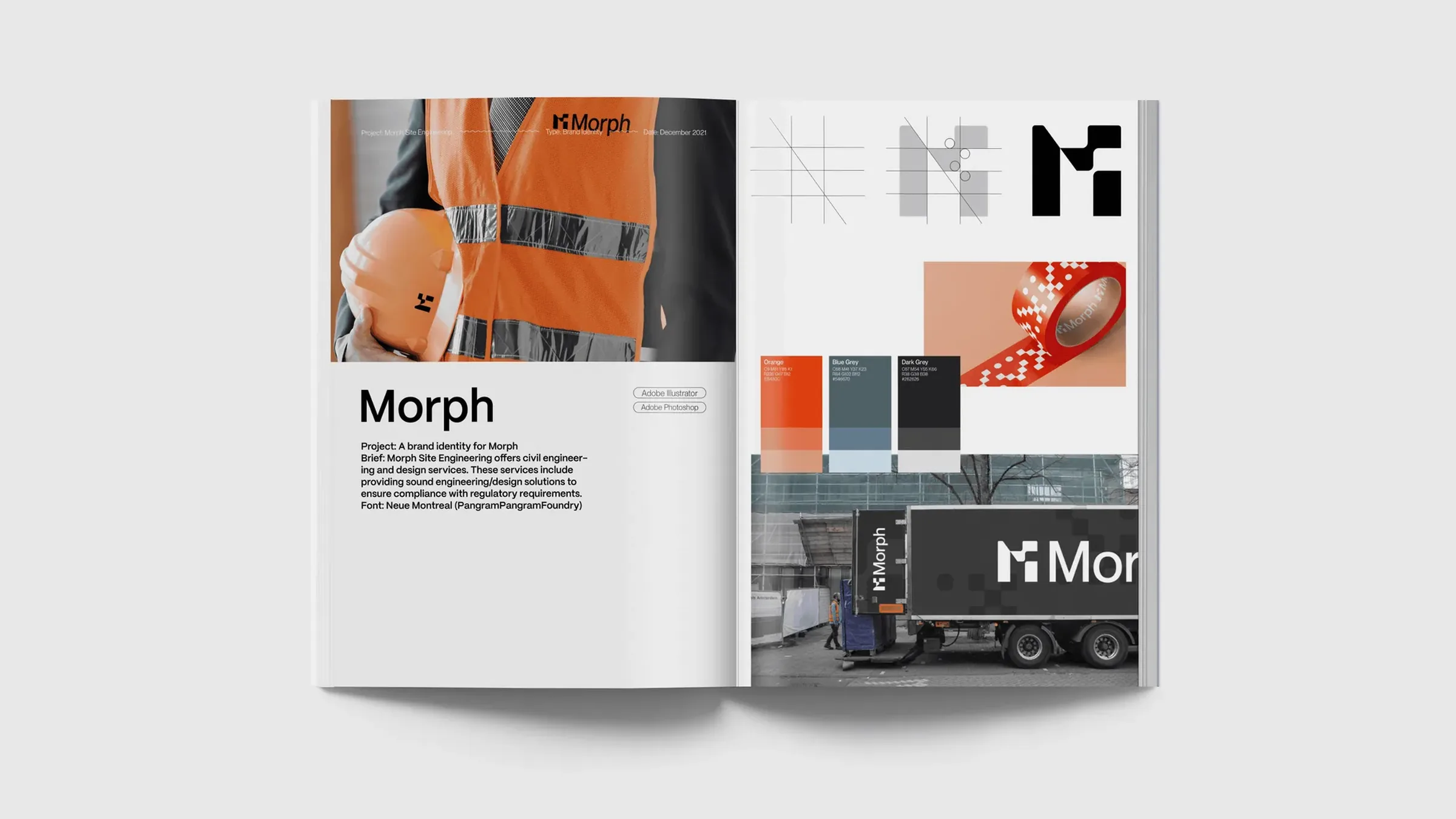 The Morph identity as a book spread: a hi-vis vest and the brief on the left, the mark's construction, palette, packing tape and a branded truck on the right