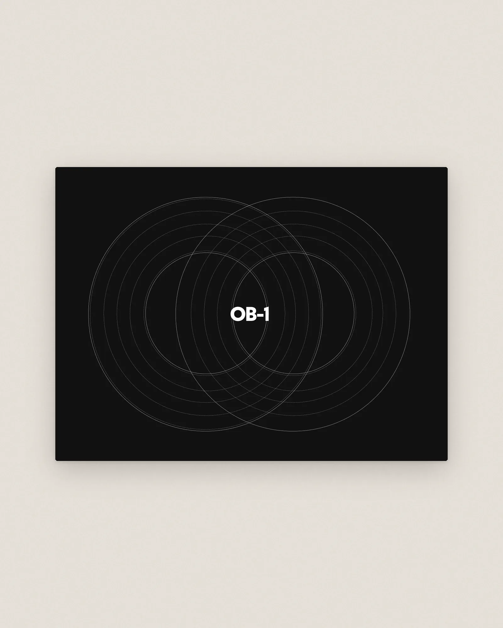 The white OB-1 wordmark inside thin overlapping circles on near-black, set on stone