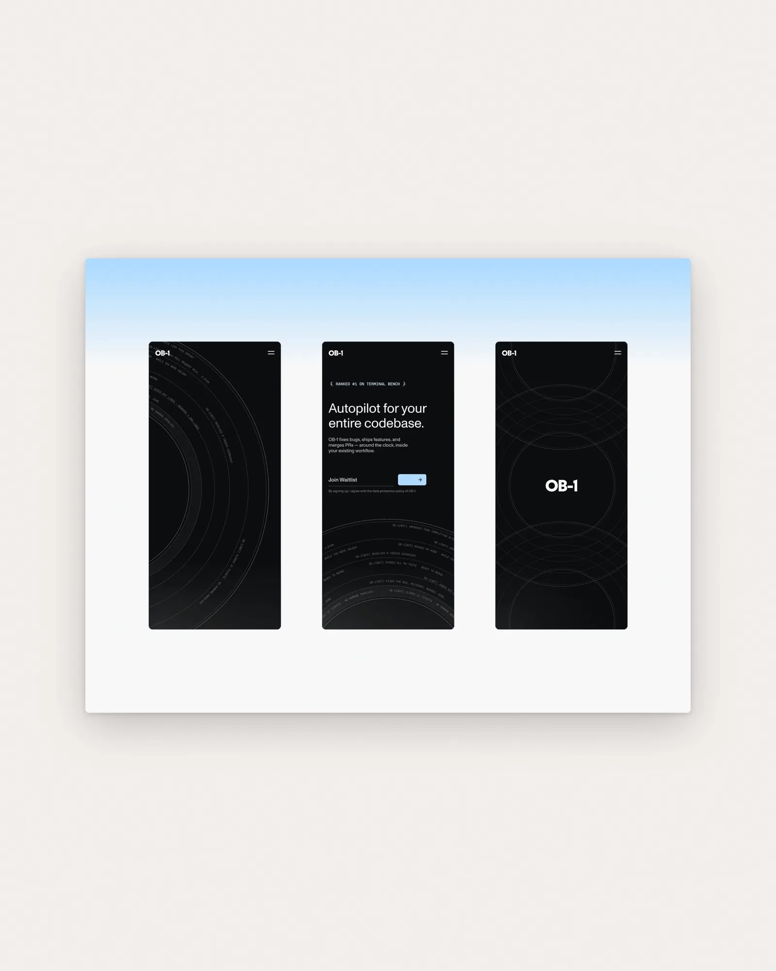 Three dark OB-1 mobile screens on a pale-blue gradient: bot-log arcs, the waitlist hero and the wordmark over circles, on paper