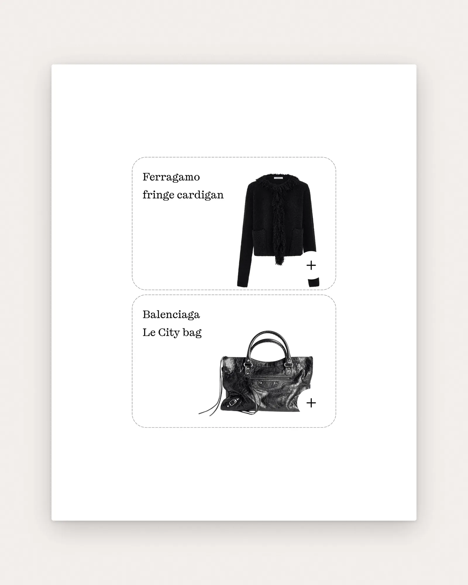 Two product cards on paper: a Ferragamo fringe cardigan and a Balenciaga Le City bag, in black and white