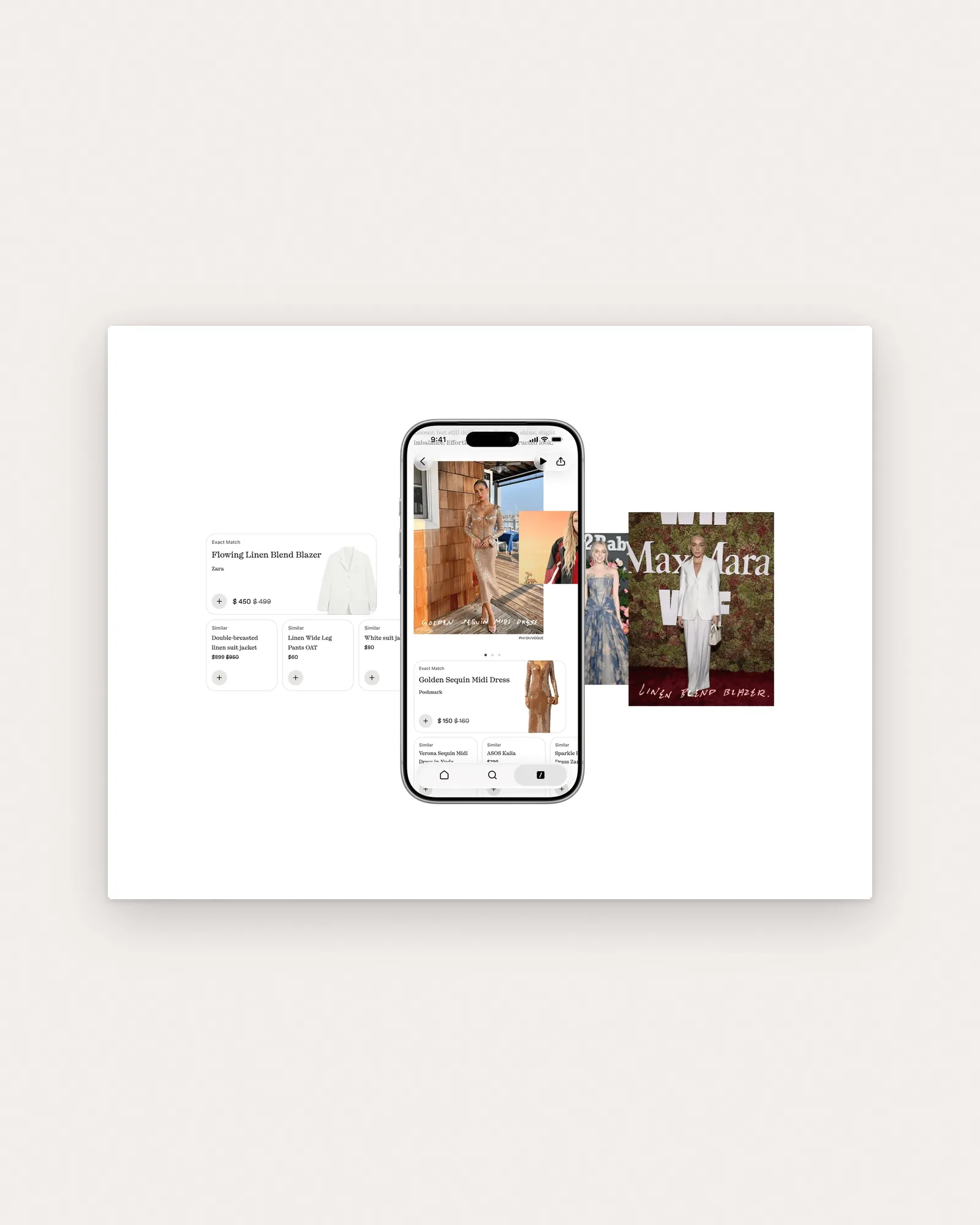 An iPhone with shoppable Flowing Linen Blend Blazer and Golden Sequin Midi Dress cards, collaged with annotated red-carpet photos, on paper