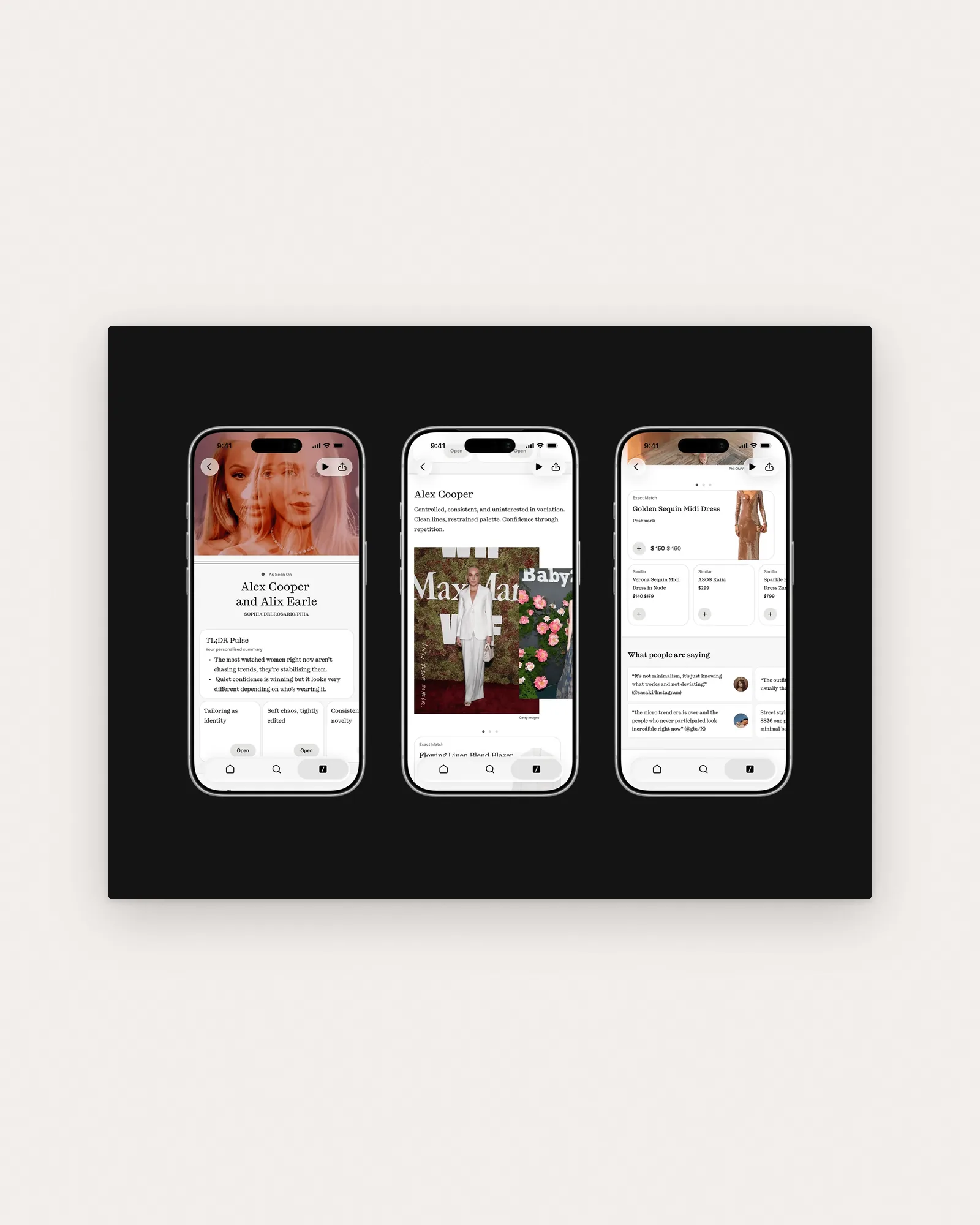 Three iPhones on black: a story header, an Alex Cooper outfit breakdown, and Exact Match cards such as a Golden Sequin Midi Dress at $150