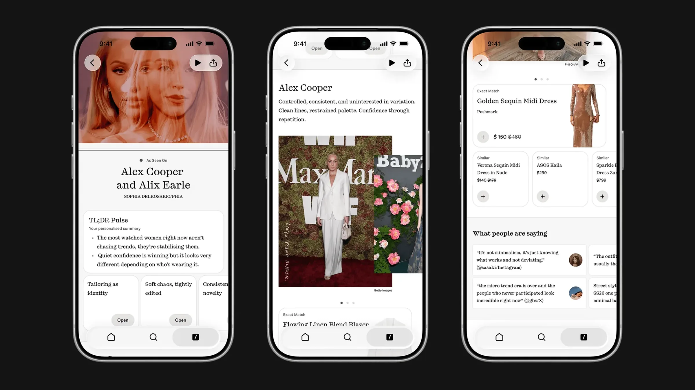 Three iPhones on black: a story header, an Alex Cooper outfit breakdown, and Exact Match cards such as a Golden Sequin Midi Dress at $150
