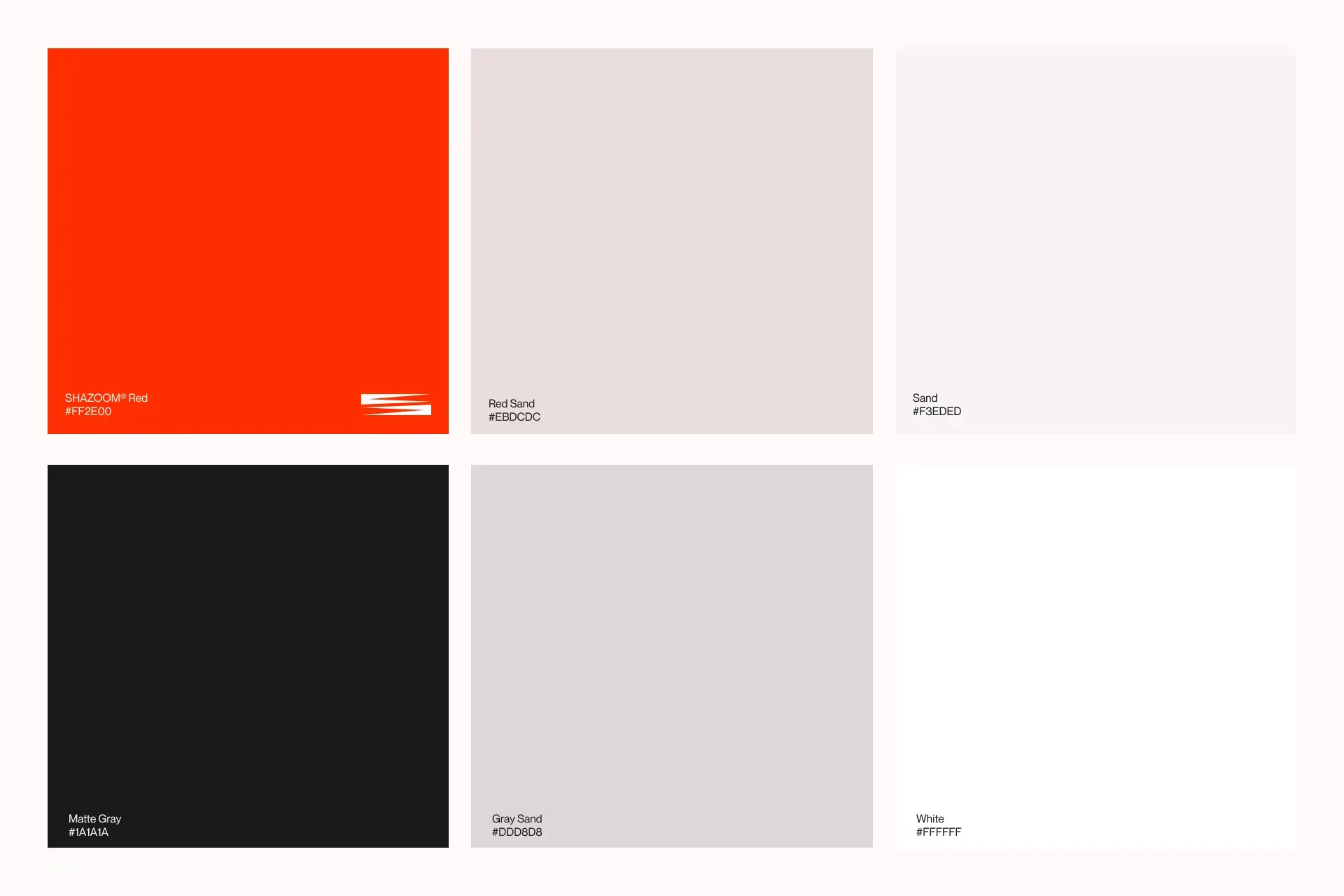 The Shazoom palette on paper: Shazoom Red #FF2E00, Red Sand, Sand, Matte Gray #1A1A1A, Gray Sand and White