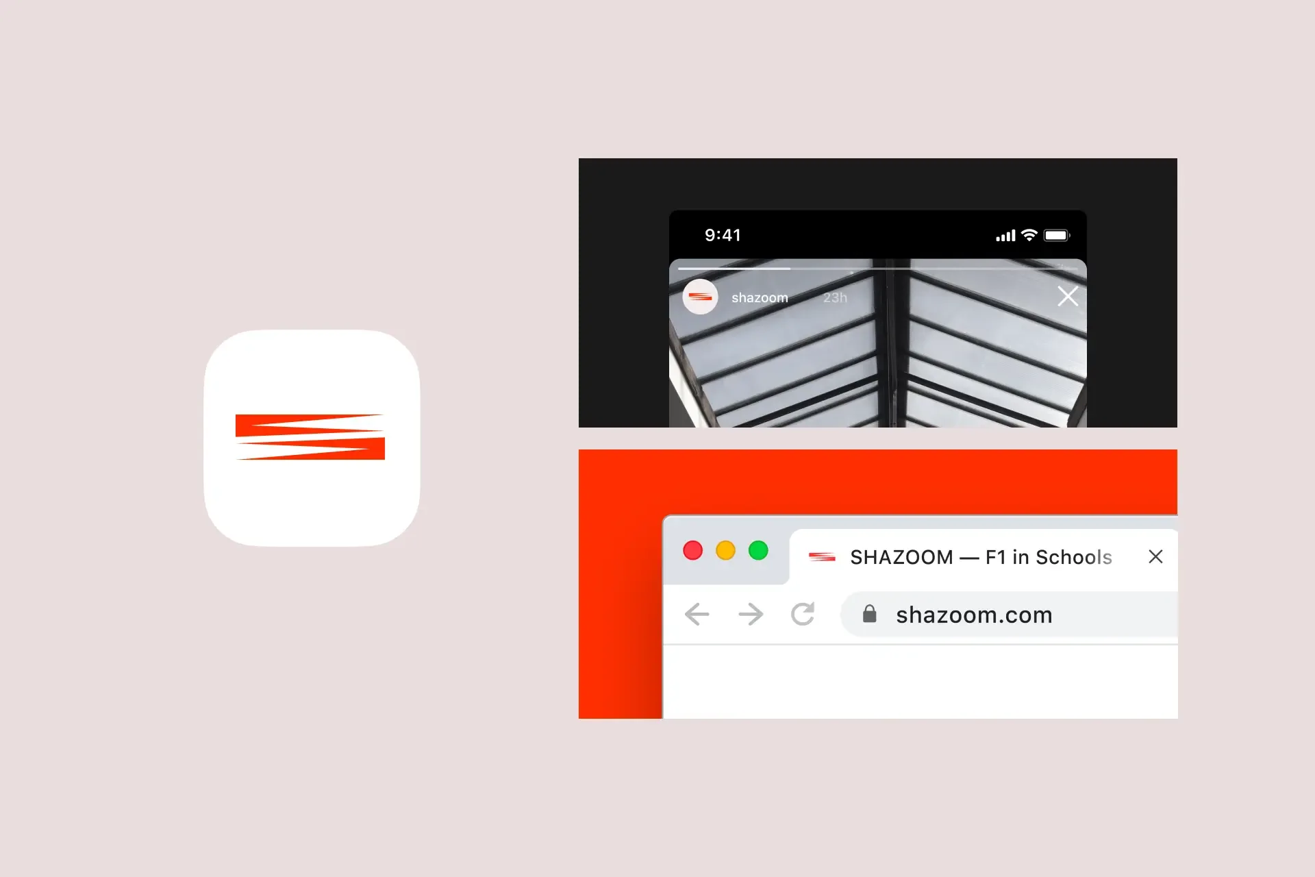 Shazoom touchpoints on paper: an app icon, an Instagram story and a browser tab reading SHAZOOM — F1 in Schools