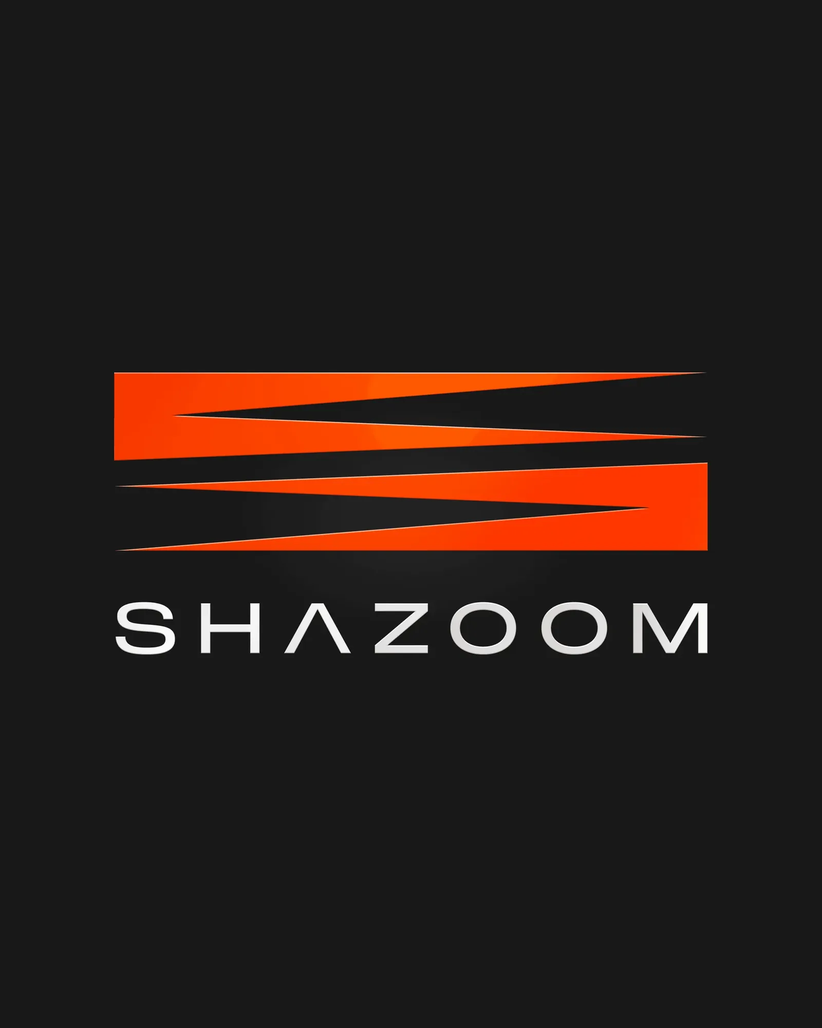 The Shazoom identity: the orange-red wedge mark over the wide SHAZOOM wordmark on charcoal