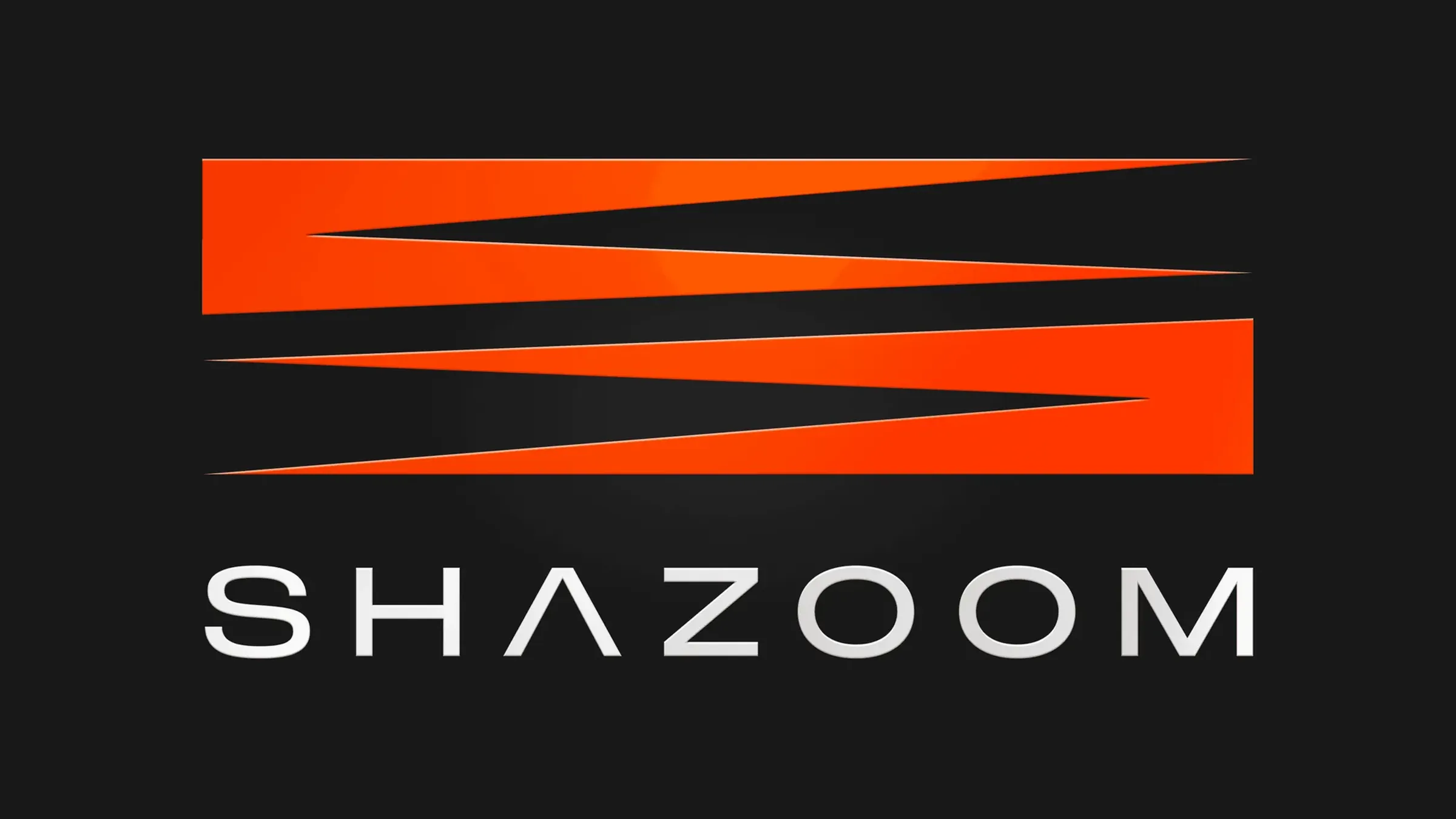 The Shazoom identity: the orange-red wedge mark over the wide SHAZOOM wordmark on charcoal